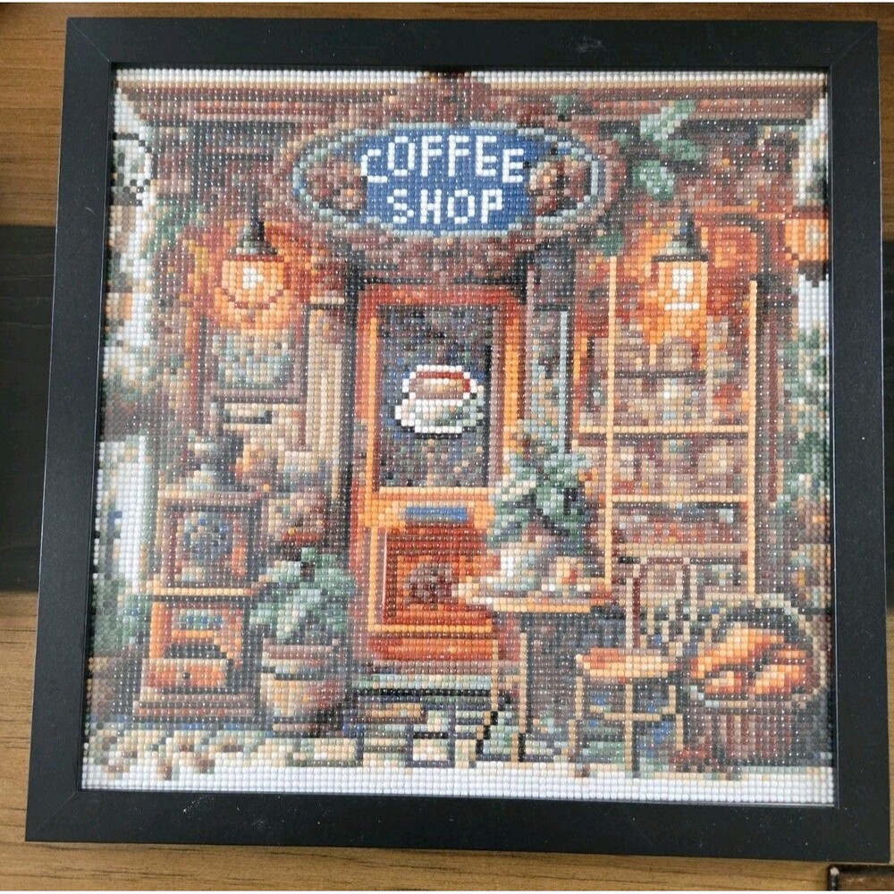 framed 5D round drill diamond painting "Coffee Shop" Cottagecore Boho Completed